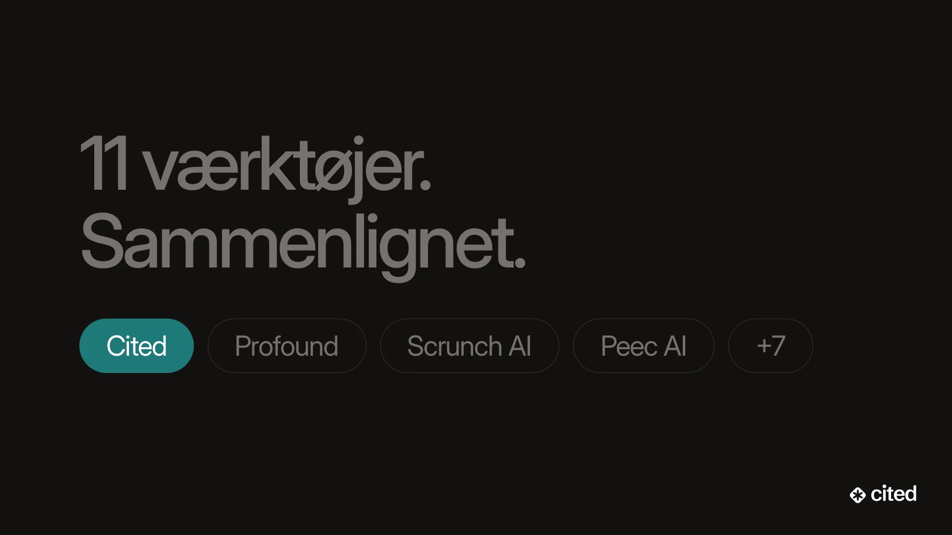 Mørkt headerbillede med ordene “11 værktøjer. Sammenlignet.” over piller for Klarvu, fremhævet, efterfulgt af Profound, Scrunch AI, Peec AI og 7 til.